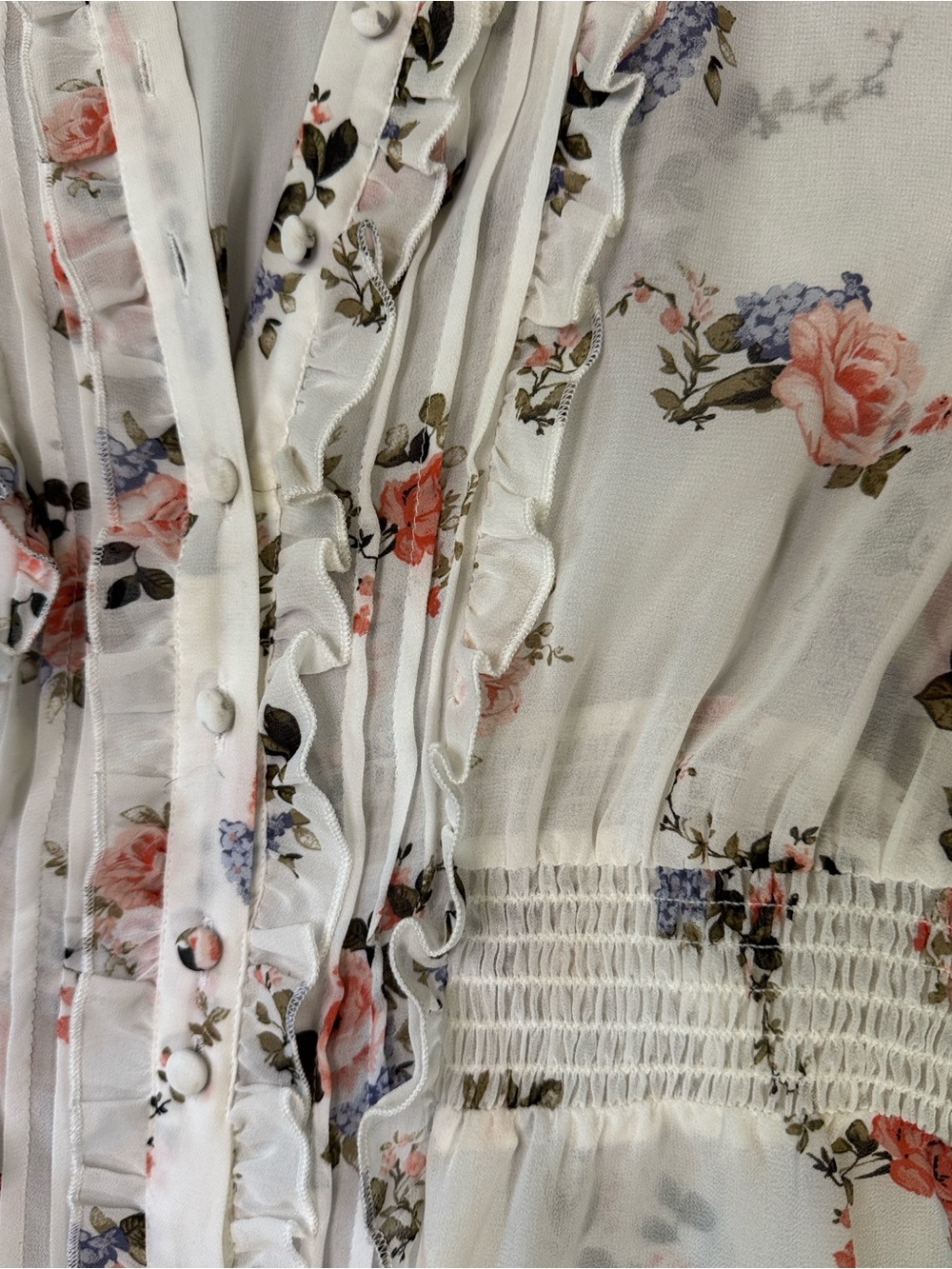 torrid Sheer White Floral Ruffle-Front Smocked Blouse, size 0 standard L or 12 - Picture 4 of 7